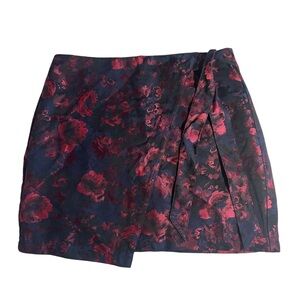Express Black, Navy and Red Jacquard Floral Mini Skirt with Tie